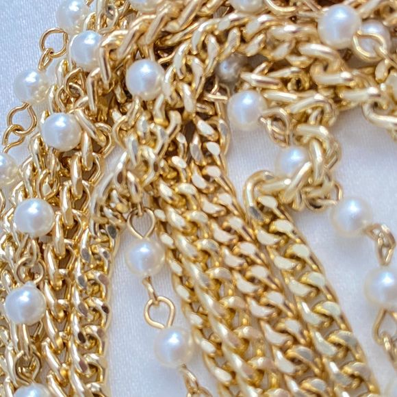 Sarah Coventry Opera Station Necklace layered Gold Tone Chains Faux Pearl Accent - Picture 6 of 11